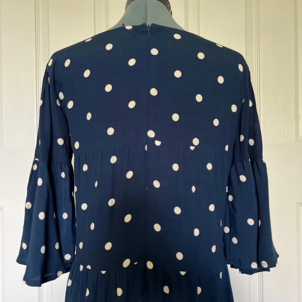 Faithfull the Brand Navy Blue Vintage Fresa White Polka Dot Dress Size 4 - Picture 9 of 12